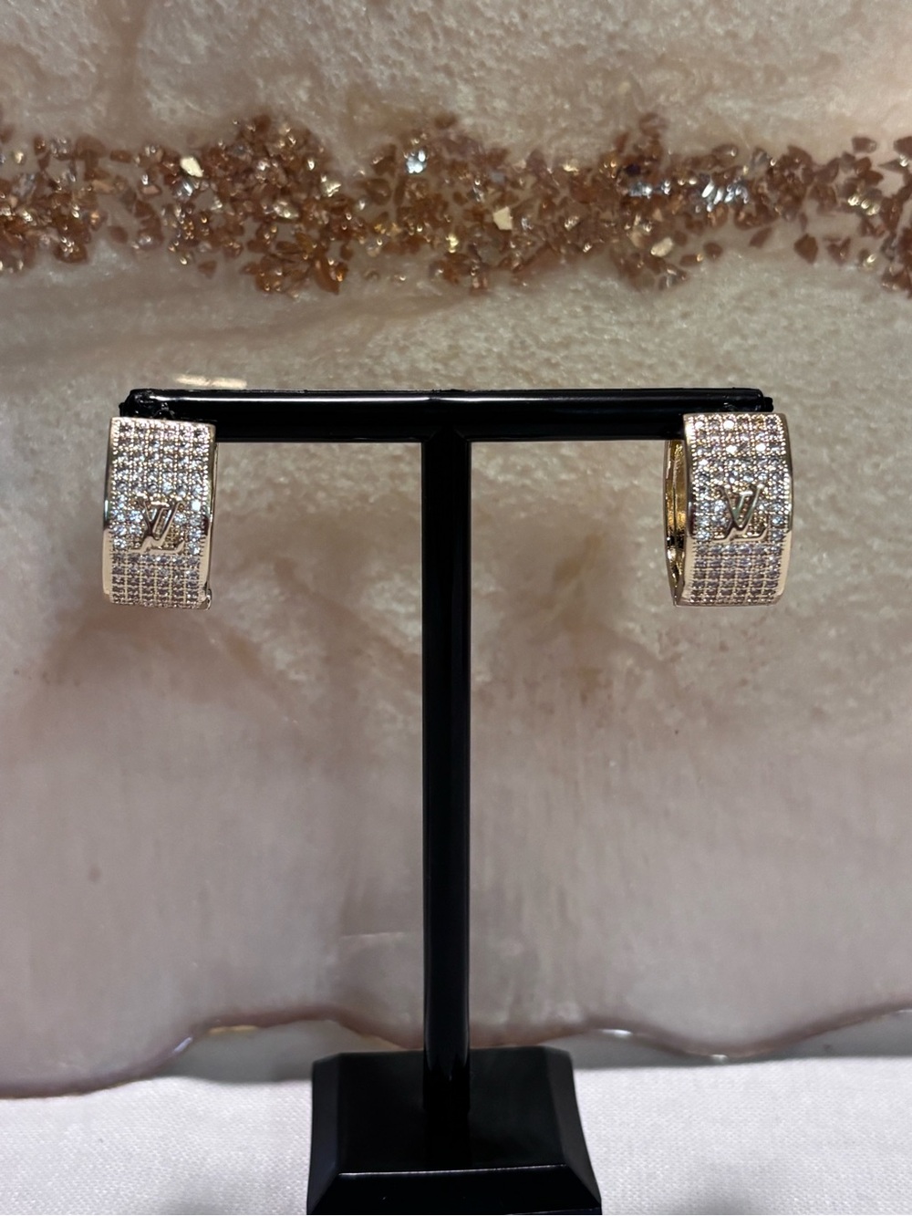 Gold and Crystal Pavé Hoop Earrings with LV Monogram